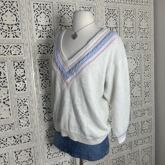 Vintage Pastel Pink & Purple V Neck Cable Knit Chunky Retro Sweater Sz Medium - Picture 4 of 7